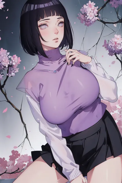 { - anatomy error} (Masterpiece - Ultra-detailed, very high resolution) (huge titusty, masterpiece, absurdres, hinata\(boruto\), 1girl, solo,mature female, lilac turtleneck blouse, high waist black short skirt, looking at viewelling petals), perfect compos...