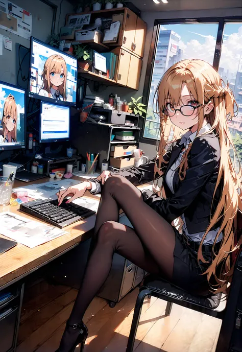 score_9, score_8_up, score_7_up, source_anime, Asuna Yuki , long hair, Hair,brown eyes, bangs,Medium breast,,half updo, suit, pencil skirt, jacket, shirt,black pantyhose,Stiletto Heels,Glasses, sitting on a chair with legs crossed, Interior , comput...