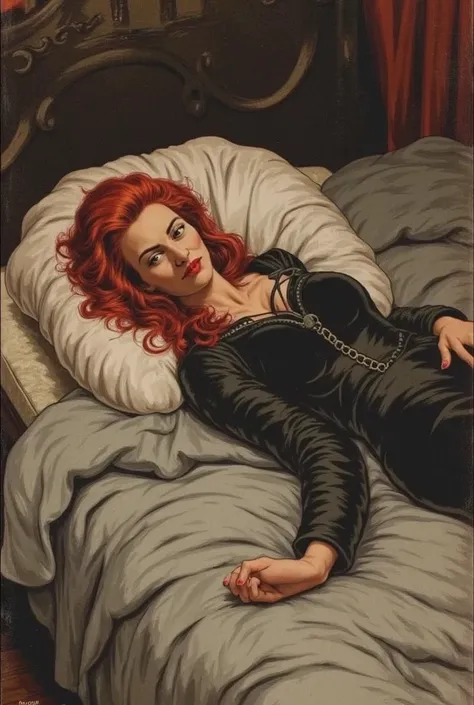 a grown up female with red hair on a bed