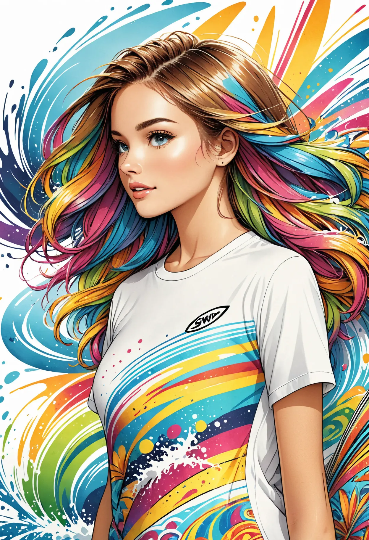 T-shirt with vector art of a colorful illustration of surfboards, At the center, swirly vibrant colors, paint splashes and smears, High detail t-shirt design, White background 
