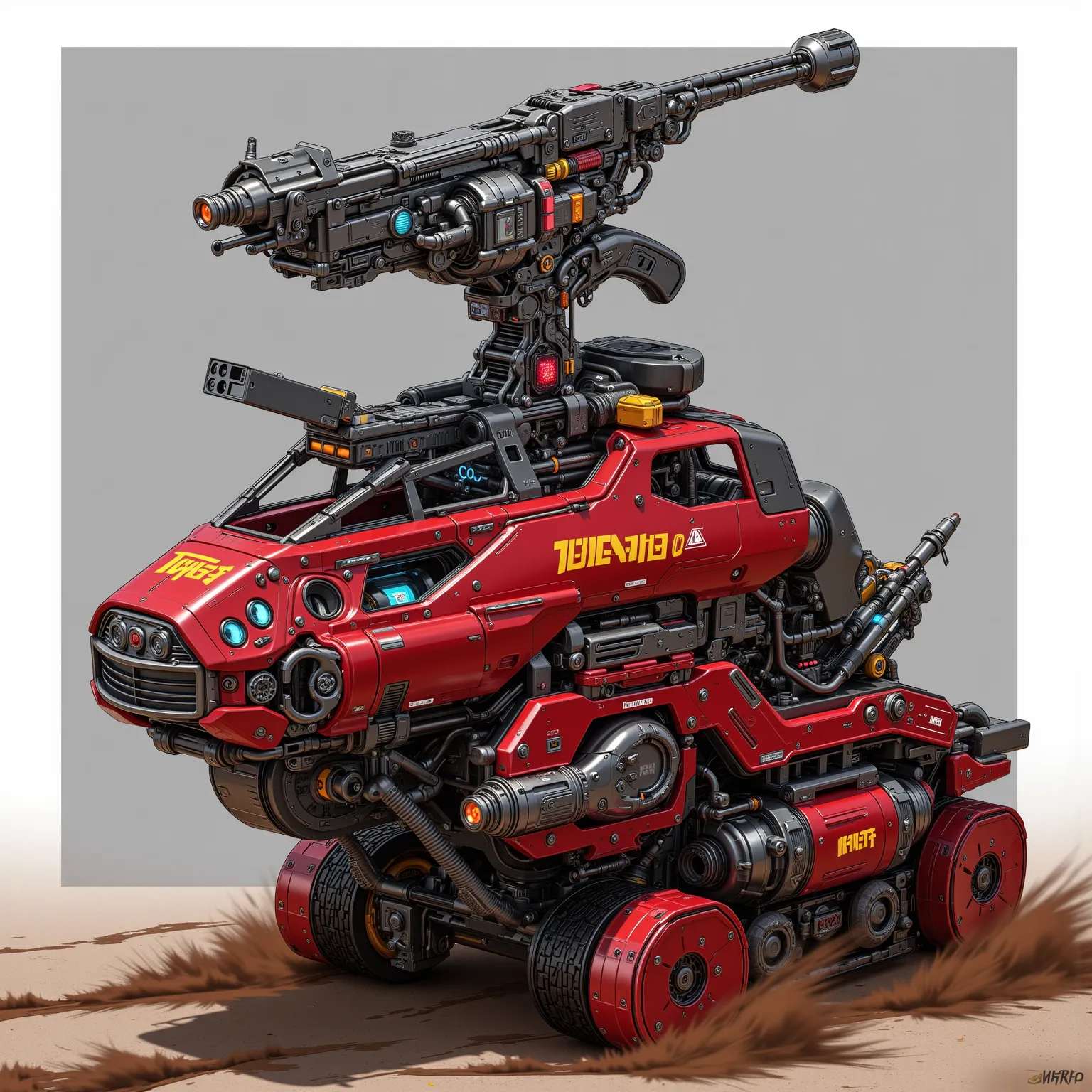 Realistic, a futuristic long structure, steam structure and cylinder driven by a single armored caterpillar below the large cylinder, in red color. Above a small long gun of 380 mm, with technological details and evident mechanical structures, caliber gun ...