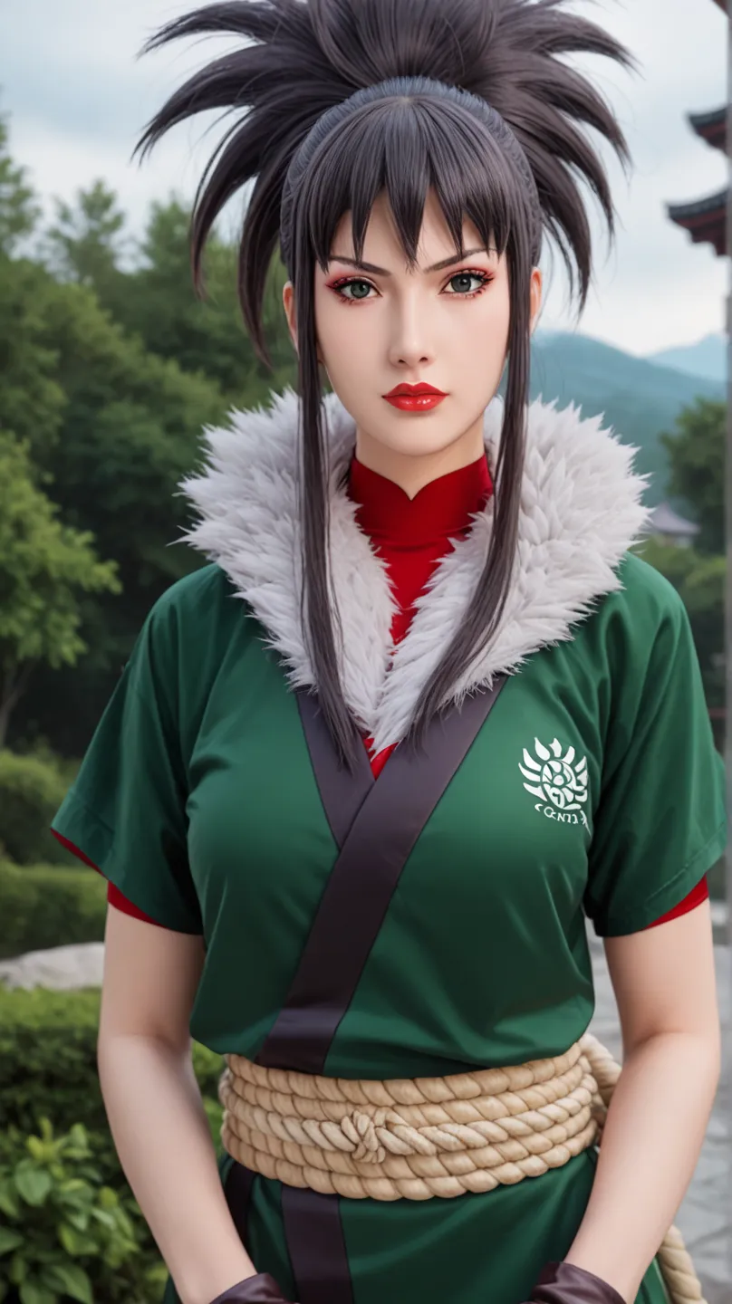 guren,1girl,solo,looking_at_viewer, lipstick, makeup, red lips, dark grey hair,spiked_hair, ponytail, large breast, red undershirt, fur_trim, green japanese clothes, short sleeve, gloves,brown_gloves, long hair, rope belt, outdoors
