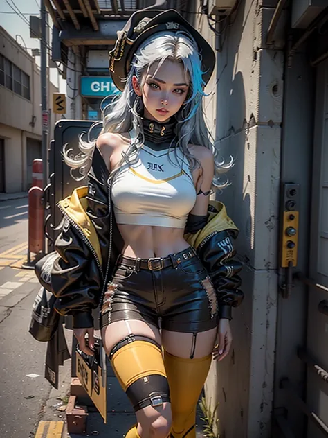 unreal-engine:1.4,Ultra-realistic 64K CG, Fotorrealista:1.4, Skin texture:1.4, tmasterpiece:1.4,cyber punk style，Beautiful woman in hat，cowboys，long whitr hair、Yellow cyberpunk-style shorts, Red pantyhose , The miniskirt is blue,