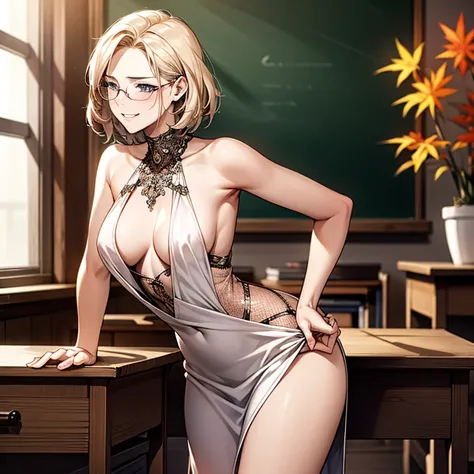 1 girl, short blonde hair, purple eyes, medium breasts, sexy teacher, glasses, smiling, tall lady, hyperdetailed, intricate, award winning, elegant, graceful, professional, beautiful, vibrant colors, cinematic lighting, detailed facial features, delicate s...