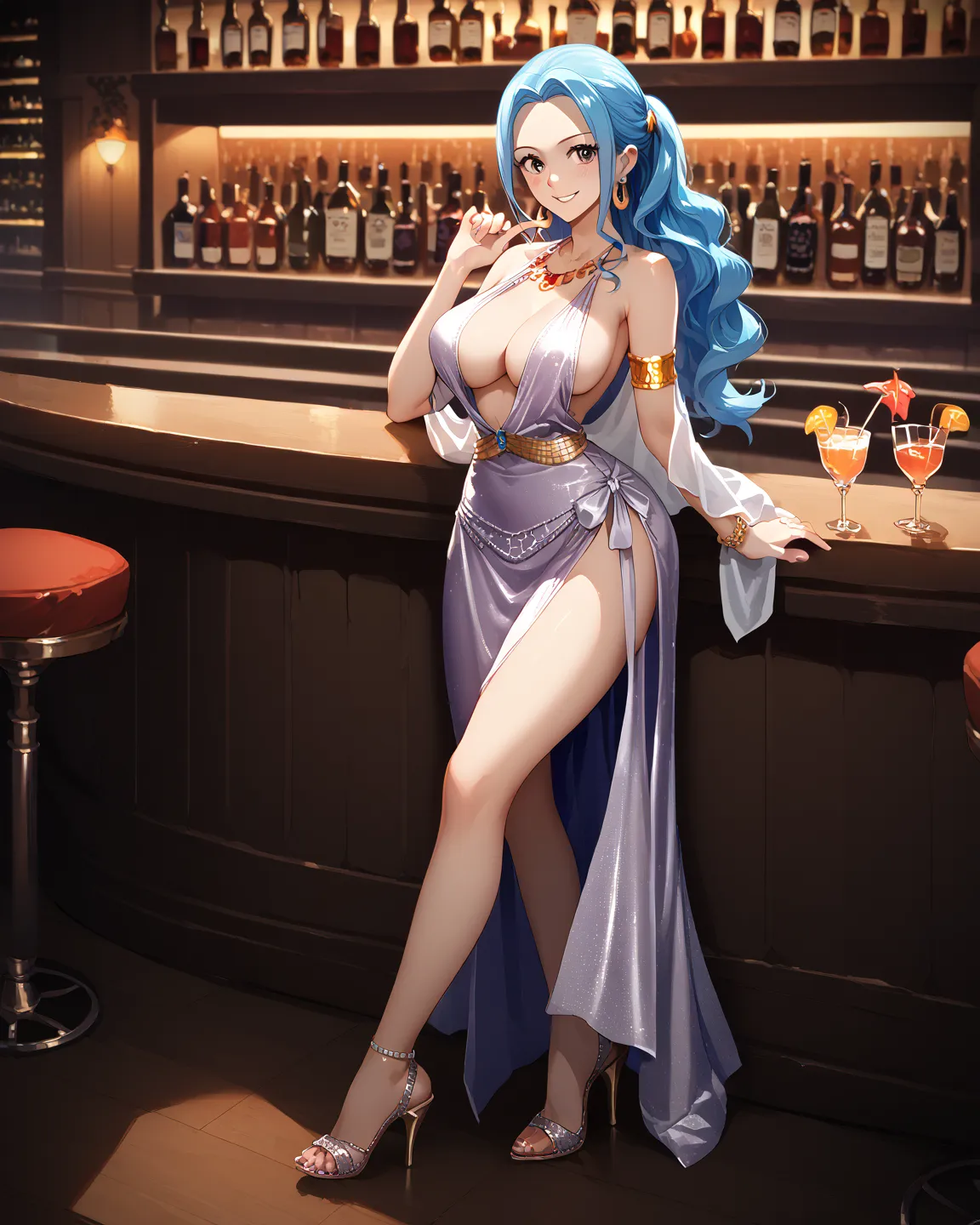 nefertari-vivi 1girl, jewellery, armlet large breasts, score_9, score_8_up, score_7_up, source_anime, solo, cocktail dress, halter dress, plunging neckline, center opening, side slit, high-waist sideboob, high heel sandalette, bar, one hand on own head, bl...