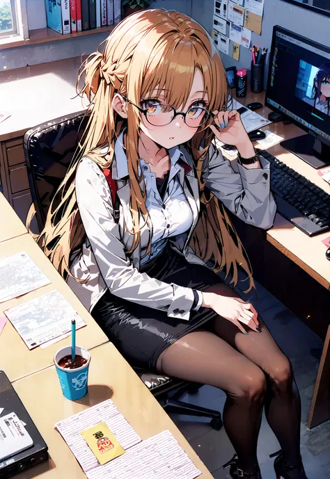 score_9, score_8_up, score_7_up, source_anime, Asuna Yuki , long hair, Hair,brown eyes, bangs,Medium breast,,half updo, suit, pencil skirt, jacket, shirt,black pantyhose,Stiletto Heels,Glasses, sitting on a chair with legs crossed, Interior , comput...