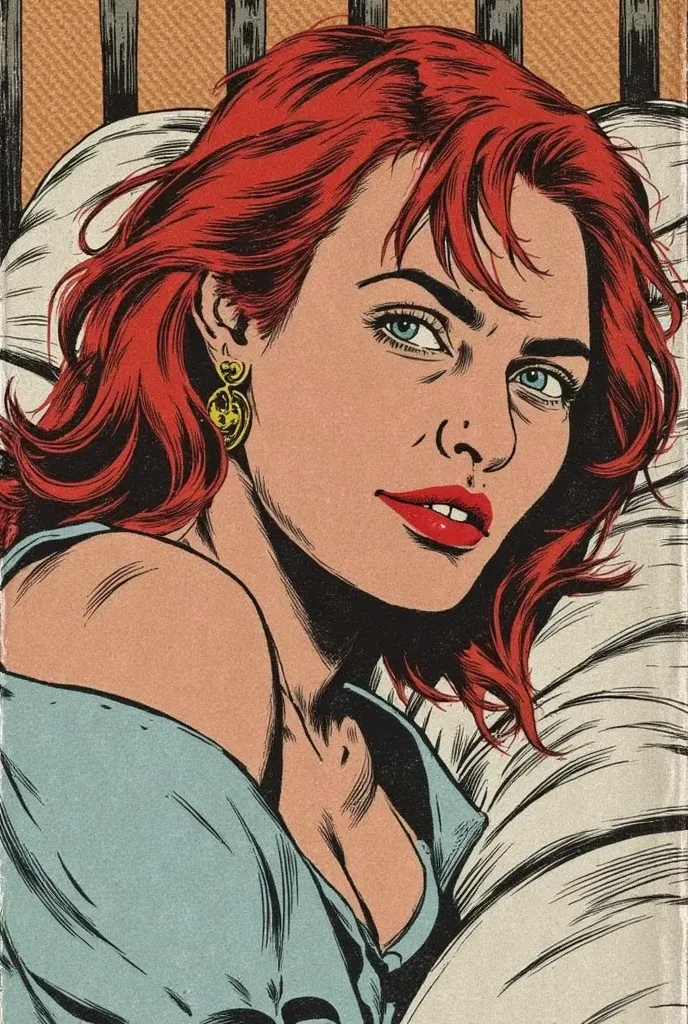 a grown up female with red hair on a bed, comic book