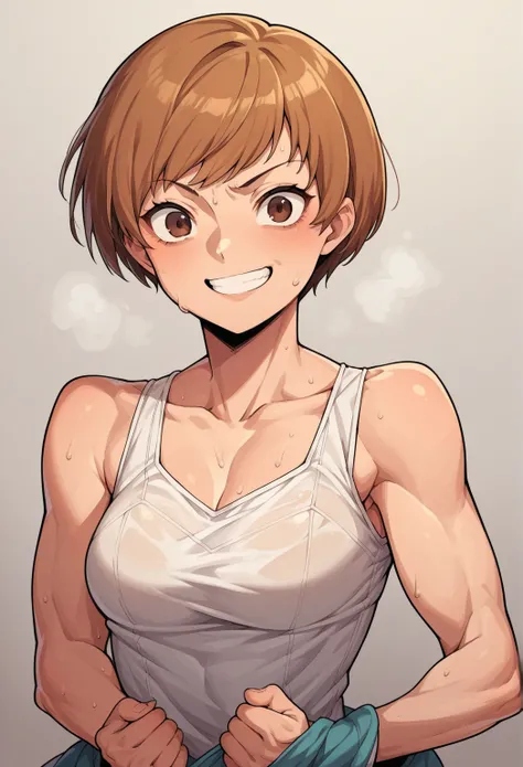 score_9, score_8_up, score_7_up, source_anime BREAK 1girl, solo,
 chiedef, brown hair, short hair, brown eyes,white_tanktop, underwear, sweating, skinsuit, girl costume, deflated, wrinkled, pulling face, devious smile
cowboy shot,dark messy otaku room