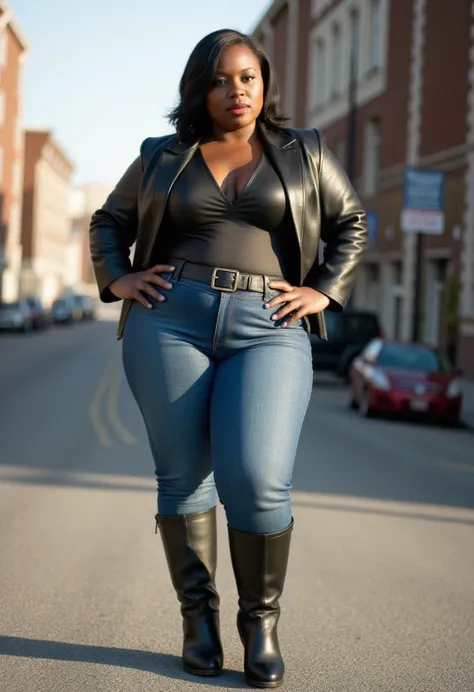  image of a woman with a black skin tone , with a very curvaceous body wearing a black leather blazer,  wearing brown leather pants,  wearing black leather boots with a thin toe , She's a teacher and she's in a hotel room