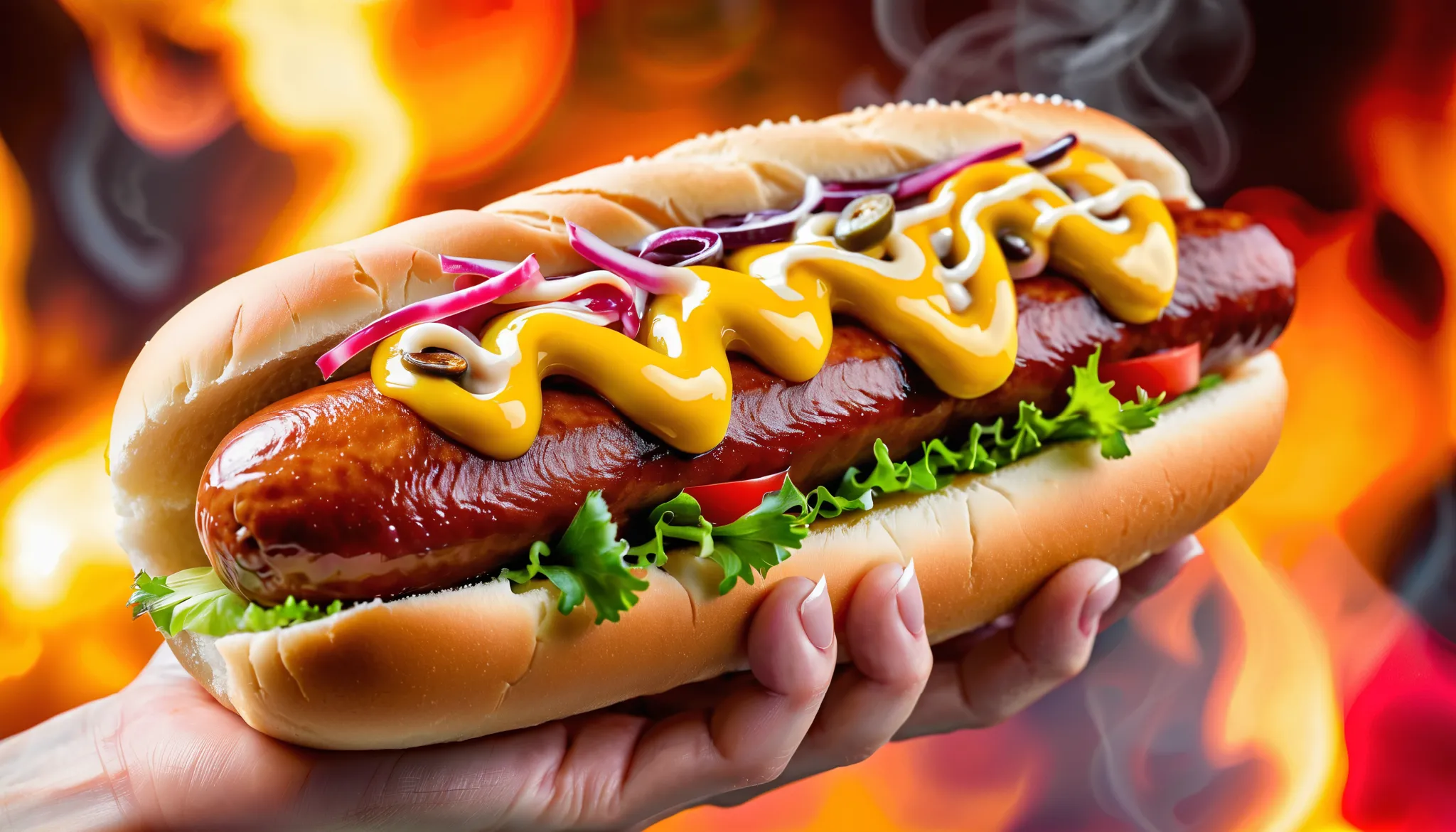  a hand holding hot dog, A vibrant image of a delicious and tasty hot dog, with fresh and colorful ingredients, such as juicy sausage, creamy sauce oozing from the bun and assorted condiments, on a soft bun, coming out of the oven, and smoke. The backgroun...