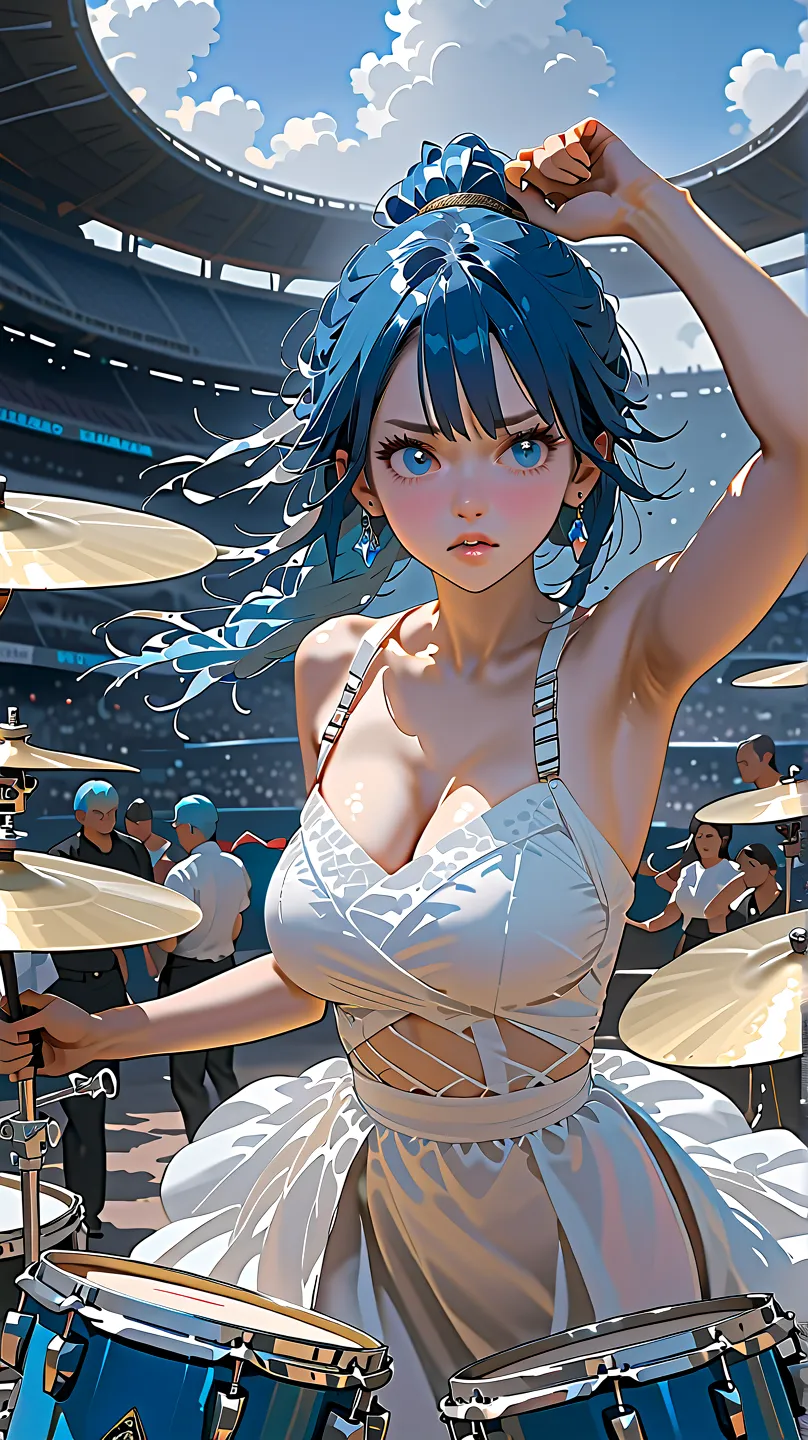  wide angle shot, facing the front、Blue-haired girl playing drums、white dress with oblique bangs, braided ponytail, big breasts,  crystal earrings , disgust,  wide angle shot, high definition, accurate, has won numerous awards, TOP QUALITY, high detail, ve...