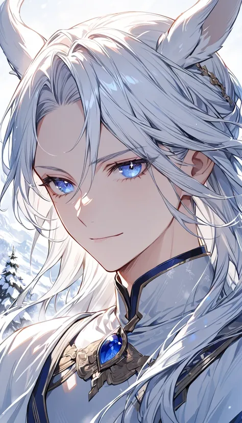 Detailed eye depiction， one woman，Duke，nice， Handsome，Handsome ，calm，Handsome，Slender， Silver White Long Hair，comb hair back， Light Blue Eyes ，Delicate five-pointed detail ，delicate eyes,  Seamless Connection ，gentle smile ， Dark Blue Army Uniform，cloak， w...