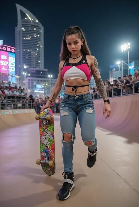 jeune adolescente sexy au look rétro-punk , tatouée, concourt à l'épreuve de skate-board lorsqu'une compétition internationale