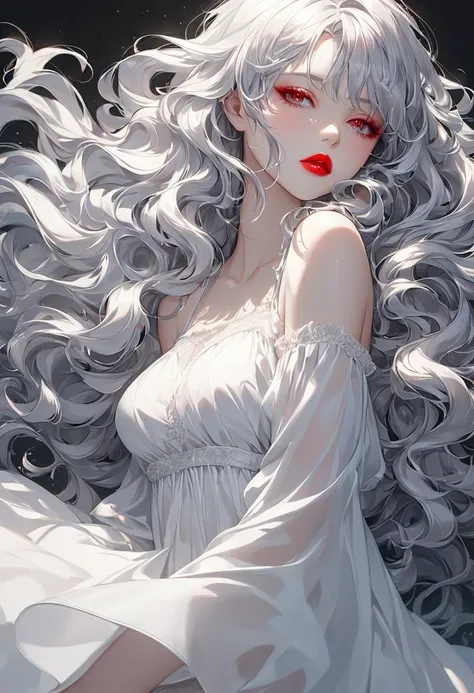  intermediate shot, Cool Beauty,  Long, Dark Silvery Lashes ,   shiny, silky, and fluffy wavy hair that shines silver,  Sexy Aesthetic Look  ,  Real Red Lips  ,   Amazing Body Proportions  ,  Wear a lewd, loose white dress  ,   Professional Perfect Composi...