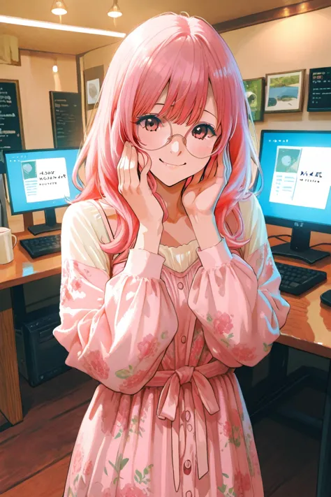  Japanese。maxi dress。 pink hair, clear,smile,Date,Glasses,sweat,Flushing,happy, looks good, internet cafe