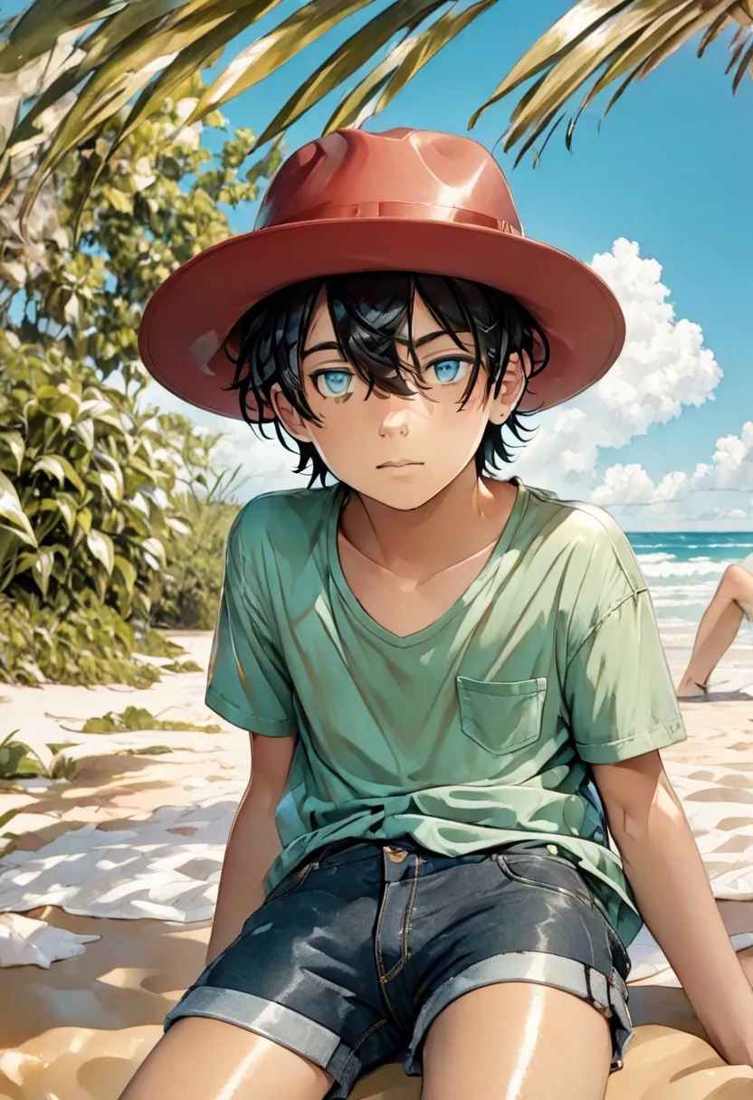 A , red hat, black hair, blue eyes, green shirt, jeans shorts, shota brazilian, brazilian boy, shota, beach day, summer day.