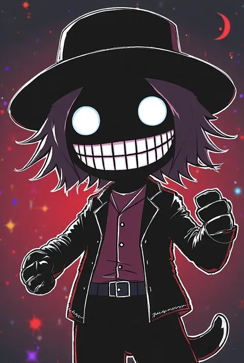 creature in a human shape, head is deep black, very wide glowing white smile, round big glowing white eyes which look like circles, Mauve short hair, big black fedora hat, left arm is full white, upper torso is full red, the rest of the body parts have gli...