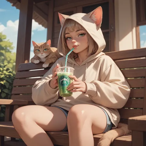 A cat wearing a hood and drinking a drink、beige hood、Sit down and have a drink