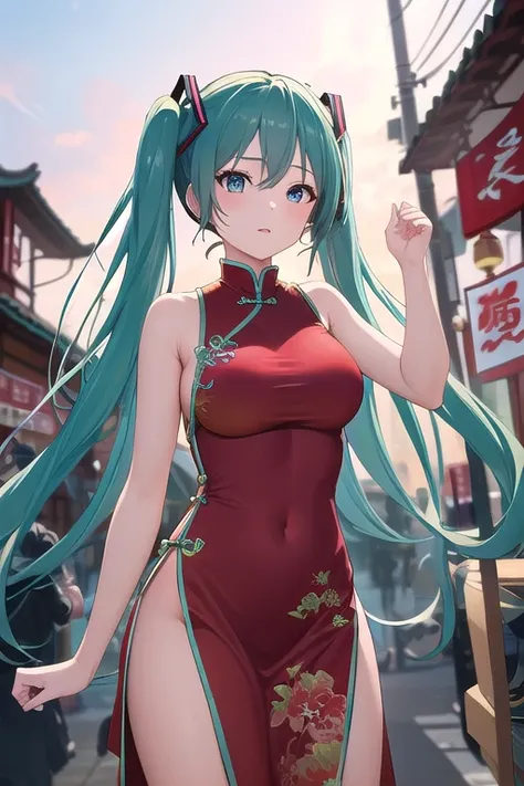 ((best quality)), ((masterpiece)), (detailed),1 girl。 Hatsune Miku。(moving composition)。Chinatown。china dress。Fighting pose。 in a big way。