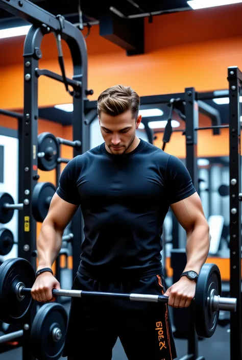 /Imagine a man working out. Focus on the athletic body, workout clothes, like t-shirt , black and orange sweatshirt set. Blur the gym environment. Also focus on, In which he lifts an altarpiece or performs an aerobic position.