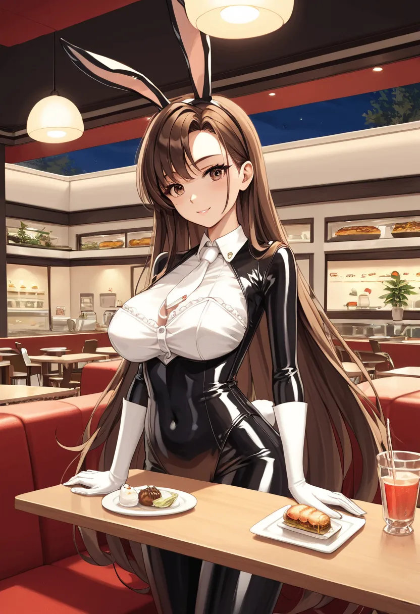 score_9, score_8, score_7, score_6,     source    _      animated, 1mature_FE, 1 brunette woman, piel oscura,  flirty look,  dark brown hair,   very long hair,   brown eyes ,   black latex suit ,  black rabbit ears,  white shirt, white tie,   white gloves,...