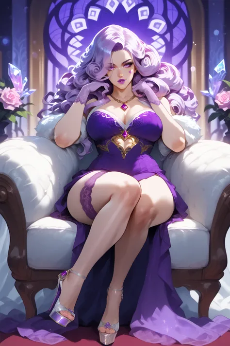 Female, Crystal purple eyes, birthmark under her eye, Purple lipstick, calm gaze, White long curly ornate hair, silver jewelry in her hair, necklace rings, Purple loose cut dress with white trim, cutout skirt, high heels, purple lace gloves, Purple lace th...