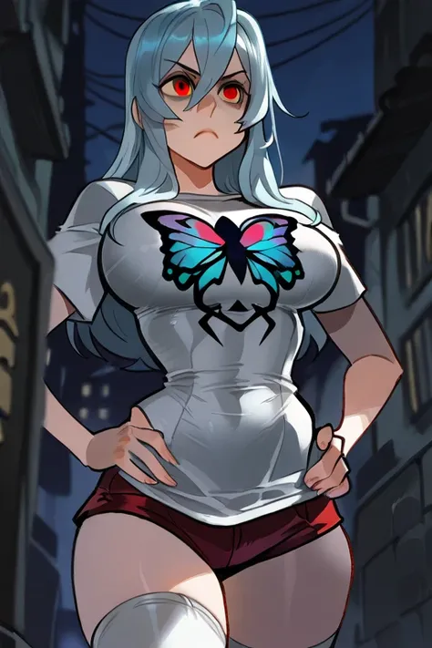 1 woman,  hands on hips,  Looking forward, hair between the eyes, large breasts,   slim waist,  light blue hair,   long hair,   red eyes , butterfly hair brooch ,   short t-shirt,  white t-shirt, ,   black tie,  red shorts ,   white socks  ,   stockings, S...