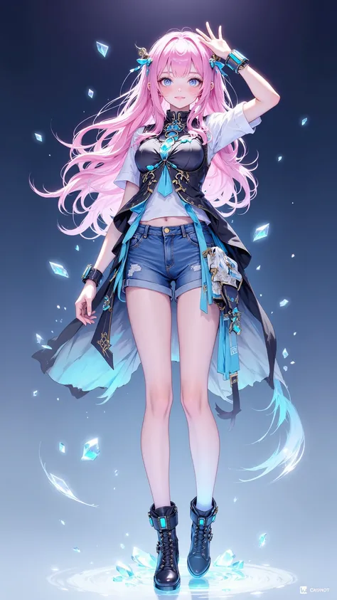  1 Girl , Single, long hair, Bangs,  blue eyes, 嘴唇微張, vest，denim shorts，boots，Standing，temple，Ice magic， Thin ， masterpiece,  Best Quality , high-resolution,  HD model, high quality,  Textured Skin , pink hair, Big breasts, 嘴唇微張, panoramic,  Sony Master Le...