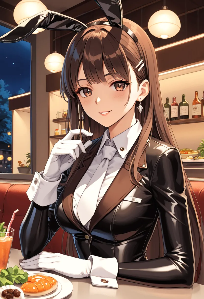 score_9, score_8, score_7, score_6,     source    _      animated, 1mature_FE, 1 woman, Brown Leather, piel oscura,  flirty look,  dark brown hair,   very long hair,   brown eyes ,   black latex suit ,  black rabbit ears, white tie,   white gloves, long gl...