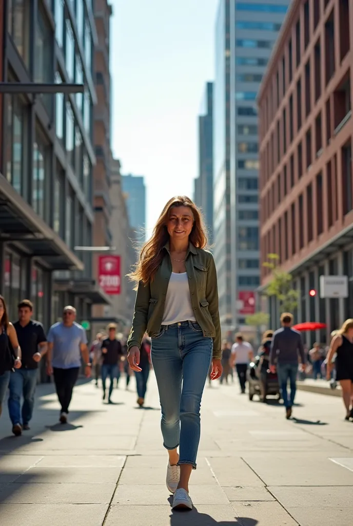 Show the woman in the photo walking on the sidewalk