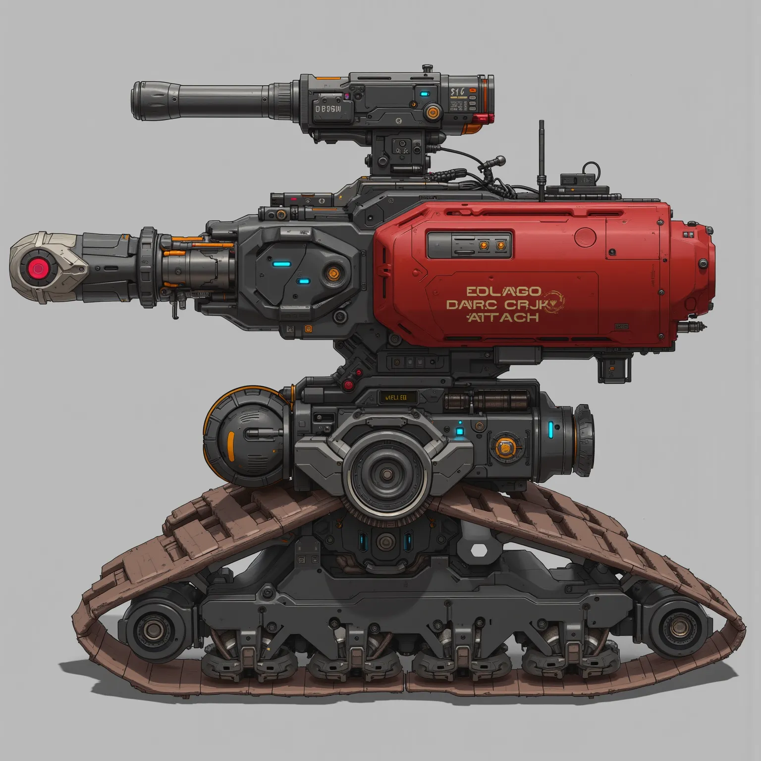 Realistic, a futuristic long structure, steam structure and cylinder driven by a single armored caterpillar below the large cylinder, in red color. Above, a small, long-barreled turret measuring 380 mm, with technological details and evident mechanical str...