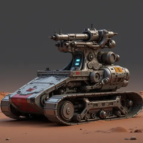 Realistic, a futuristic long structure, steam structure and cylinder driven by a single armored caterpillar below the large cylinder, in red color. Above, a small, long-barreled turret measuring 380 mm, with technological details and evident mechanical str...