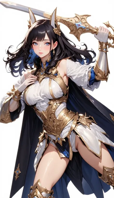 (Masterpiece:1.5,Top Quality:1.3,Amazing Quality:1.3), (Anime Character), ((nsfw)), Solo, Full Length, Chiara, 1 Girl, ((Sexy cute woman:1.5)), White Skin, Silver Gauntlets, Silver Boots, Western Armor, Shining Clothes, gleaming decorations, ((with big sic...