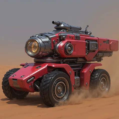 Realistic, a futuristic long structure, steam structure and cylinder driven by a single armored caterpillar below the large cylinder, in red color. above a small 380 mm long-barreled turret, with technological details and evident mechanical structures, cal...