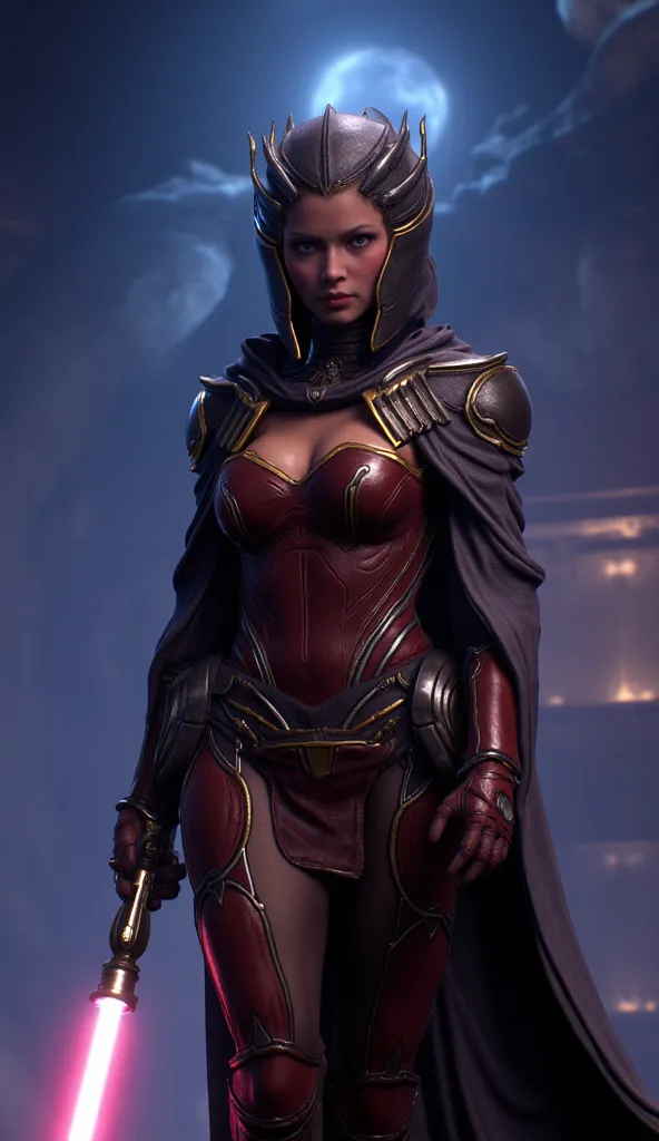 8K, super detailed, ultra resolution, full shot, beautifull woman, perfect breasts, perfect body, perfect legs, mandalorian warrior armor and herlmet. weapon laser. Coruscant night background, fantasy star wars, cinematic.