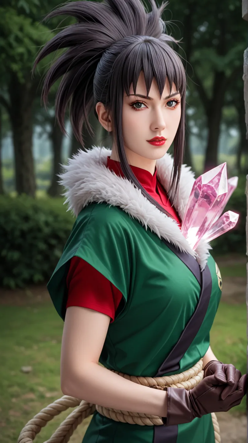 guren,1girl,solo,looking_at_viewer, lipstick, makeup, red lips, dark grey hair,spiked_hair, ponytail, large breast, red undershirt, fur_trim, green japanese clothes, short sleeve, gloves,brown_gloves, long hair, rope belt, crystal magic, hands holding pink...