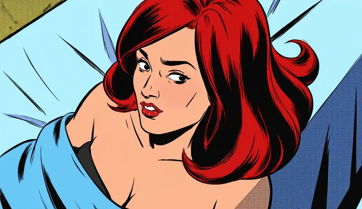 a grown up female with red hair on a bed, comic book