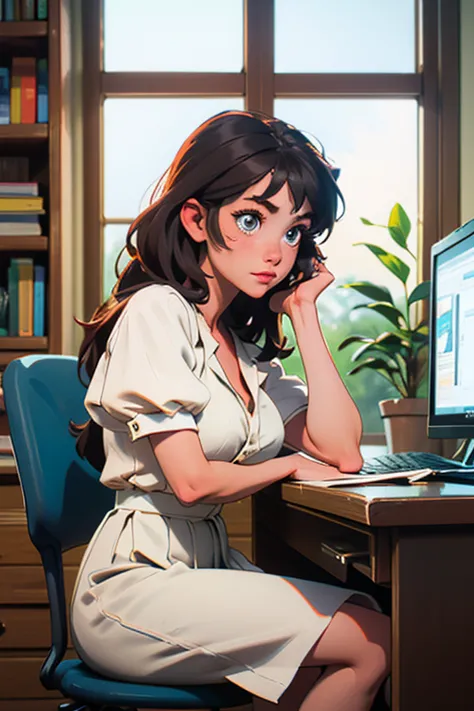 A young professional sitting at her office desk, surrounded by a modern and organized environment. She is wearing a white dress blouse and an elegant skirt, with an open notebook in front of her and a cup of coffee next to. Natural light enters softly thro...