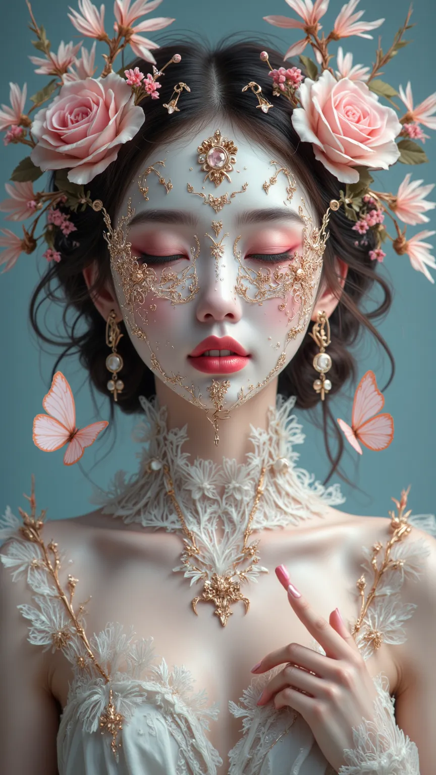 一幅charming的女士肖像畫，長髮elegant， Exquisite Mask，A peaceful expression，身穿elegant長袍，A charming portrait of a woman surrounded by flowers and butterflies，elegant，Bright，charming，Vivid colors， fine detail，Dreamy，Romantic atmosphere ，High quality digital painting，Su...