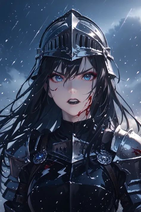 portrait, solo, 1girl, blue eyes ((Eyes with high detail, no defects, pupils of equal size)), angry gaze, pale skin, brutal face, dark make-up, eyeshadow, black lipstick, blood, muscle, athletic, tall, angry, mature, middle aged, b-cup breasts, black hair,...