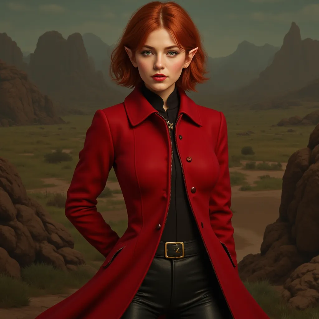 1girl, woman, small elf ears, short hair, no fringe, red hair, green eyes, red lips, bard, red coat, black leather pants, western, slim body