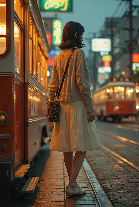 TOP QUALITY、high definition、(HD:1.4)、masterpiece、detailed background、realistic、 RAW photos 、 Showa retro atmosphere、nostalgic atmosphere、(A retro tram slowly runs through the Showa retro cityscape:1.5)、(The orange light at dusk gently dyes the cobblestones...