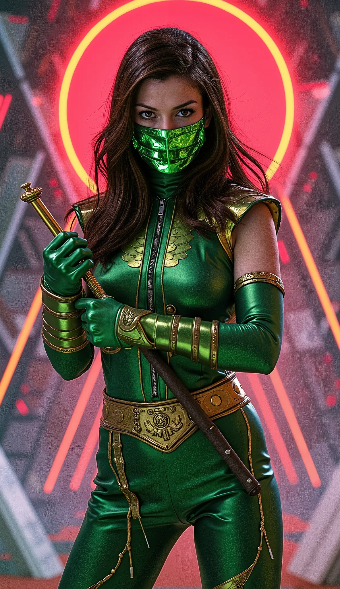 Here is an updated prompt to generate an image of Anne Hathaway as Jade, with a shiny metallic green mask, in a retro 80s style:

"A vintage illustration from the 80s, featuring Anne Hathaway playing Jade, the green killer of * mortal kombat*.  She is in a...