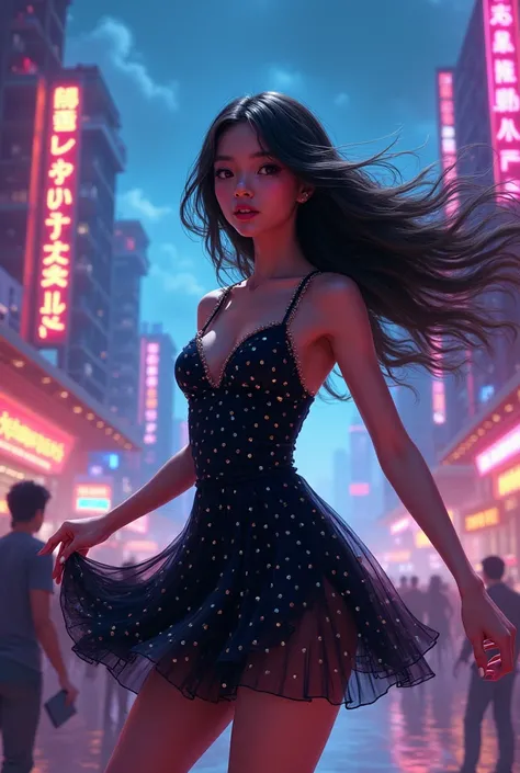 Charming beautiful girl. In a black polka-dot dress .dances in a neon fantasy city. long hair, very long hair, 