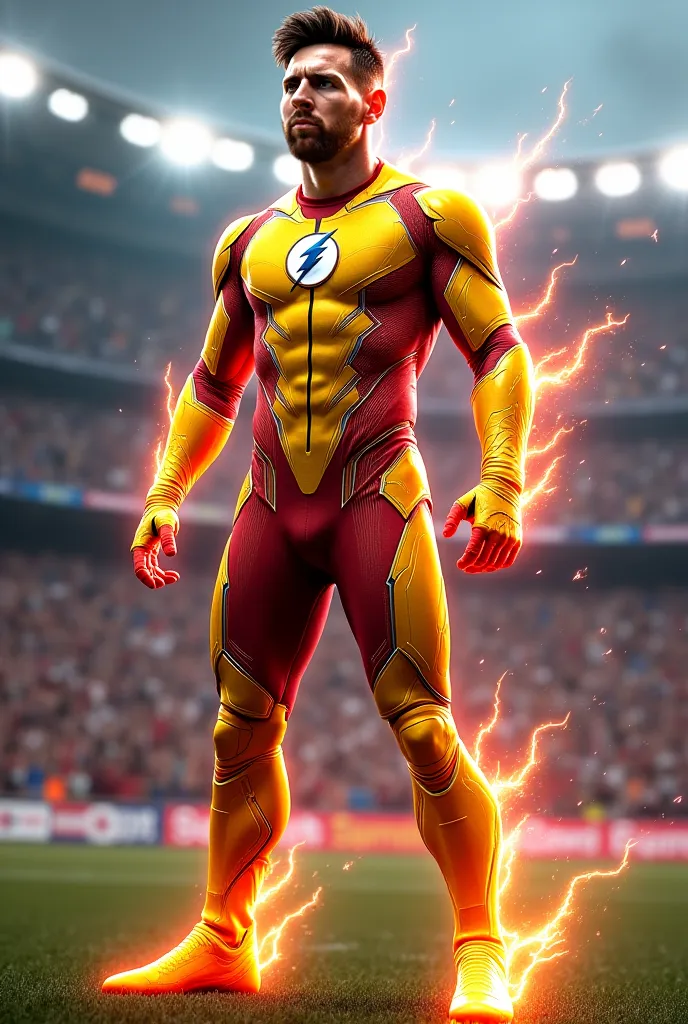 A hybrid fusion of Lionel Messi and Reverse Flash, standing in the center of a futuristic football stadium, radiating a powerful aura of unstoppable speed and football mastery. This unique fusion, known as "Velocity 10", is a perfect balance between Messi’...