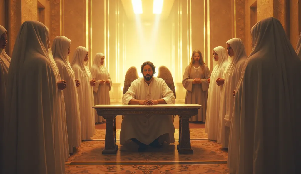 Scene of Jesus sitting behind a table in heaven and 2 angels at his side and a line of 5 ghosts of ghosts of ghosts of humans and ghosts lining up to be attended to
