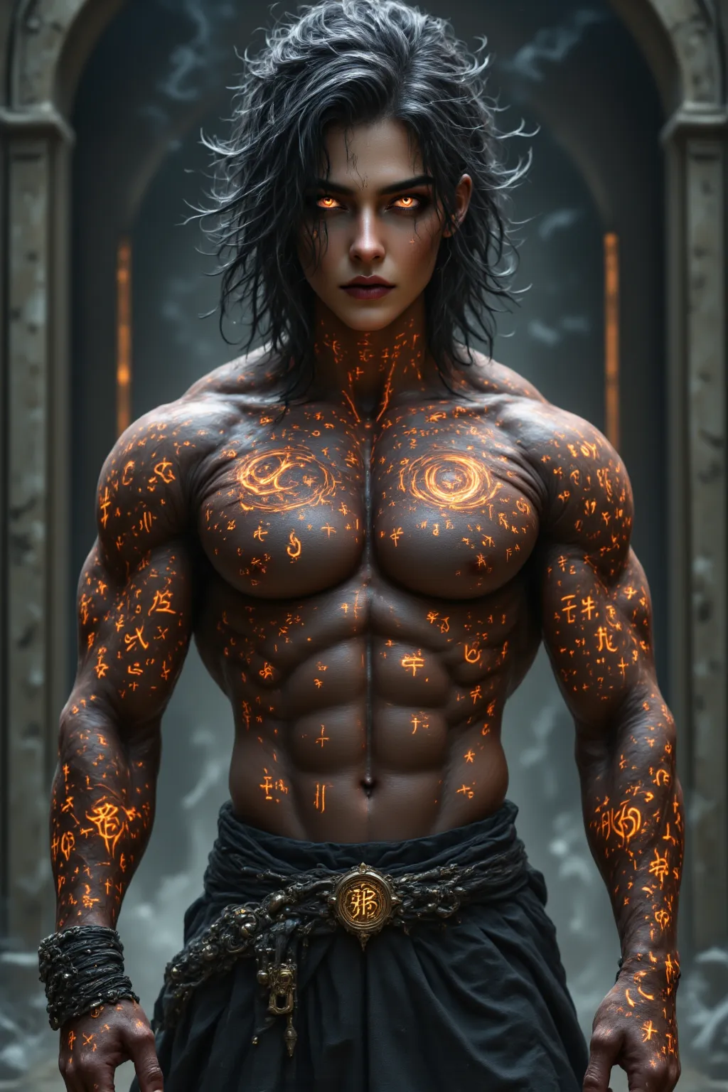 A hyper-realistic, highly detailed 4K full-body digital painting of a Japanese-inspired celestial vampire assassin standing in a dimly lit gothic sanctuary. His sharp, angular jawline, high cheekbones, and piercing fiery orange-red eyes radiate a chilling,...