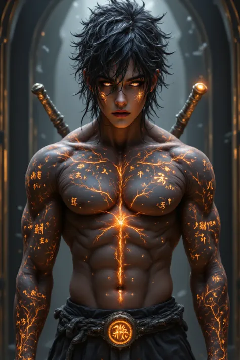 A hyper-realistic, highly detailed 4K full-body digital painting of a Japanese-inspired celestial vampire assassin standing in a dimly lit gothic sanctuary. His sharp, angular jawline, high cheekbones, and piercing fiery orange-red eyes radiate a chilling,...