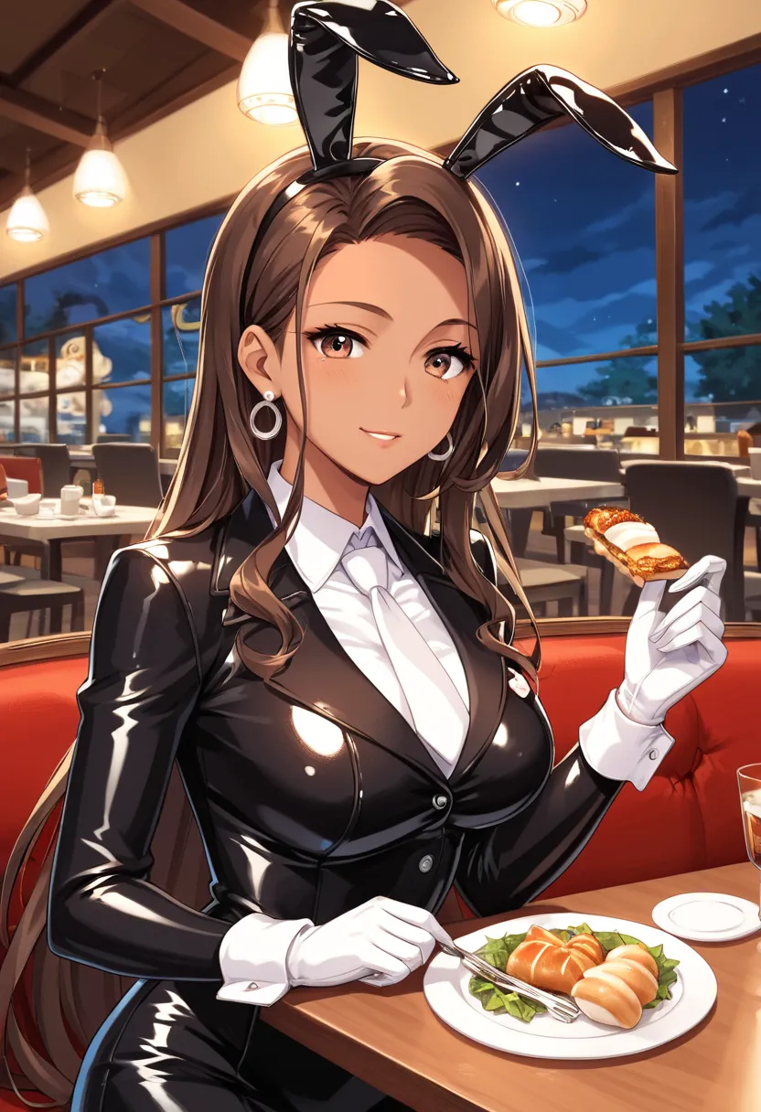 score_9, score_8, score_7, score_6,       source      _        animated, 1mature_FE,  a woman,  dark brown skin ,   flirty look,  dark brown hair,   very long hair,   brown eyes ,    black latex suit  ,   black rabbit ears , white tie,    white gloves, caF...