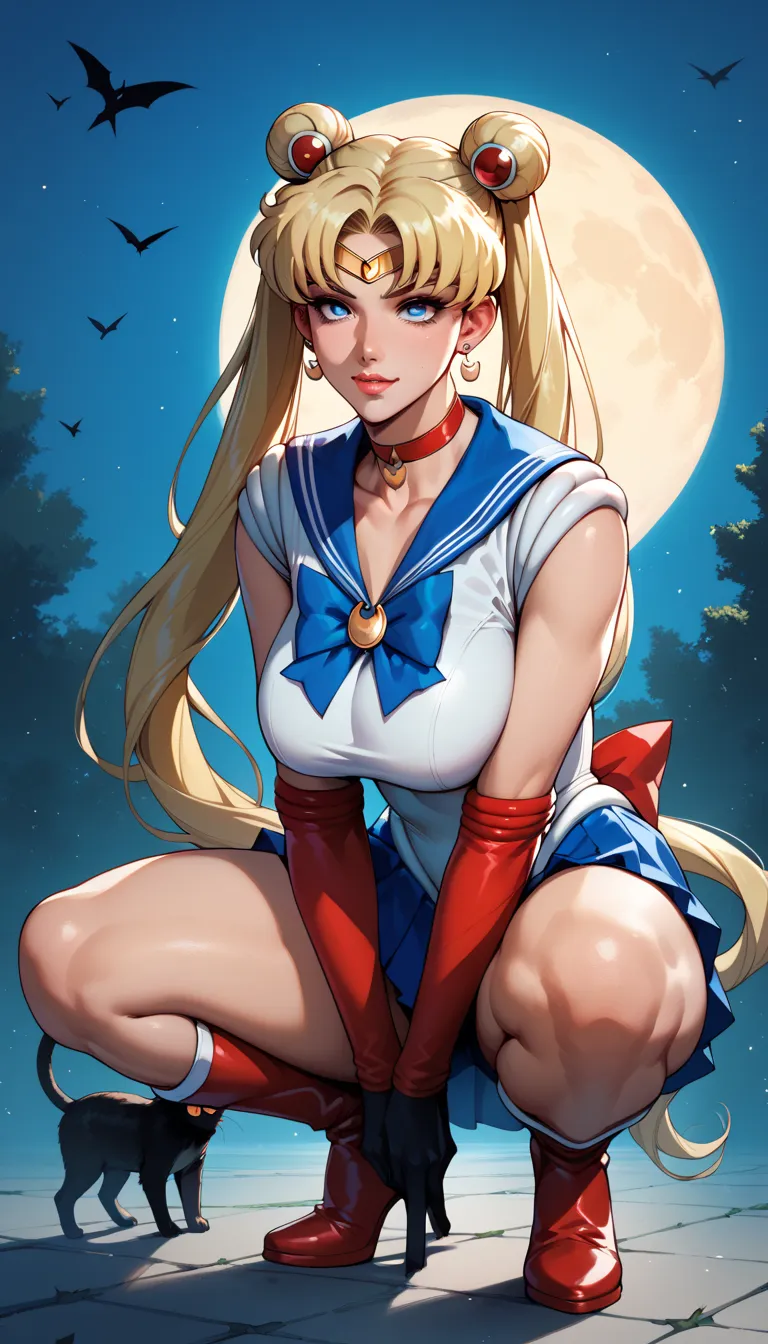 sailor moon ,  long blonde hair , piercing blue eyes, squatting, front view, perreo, full body, blue miniskirt, Red boots, , , voluptuous body,  on the Moon, gato negro , black cat in the legs,